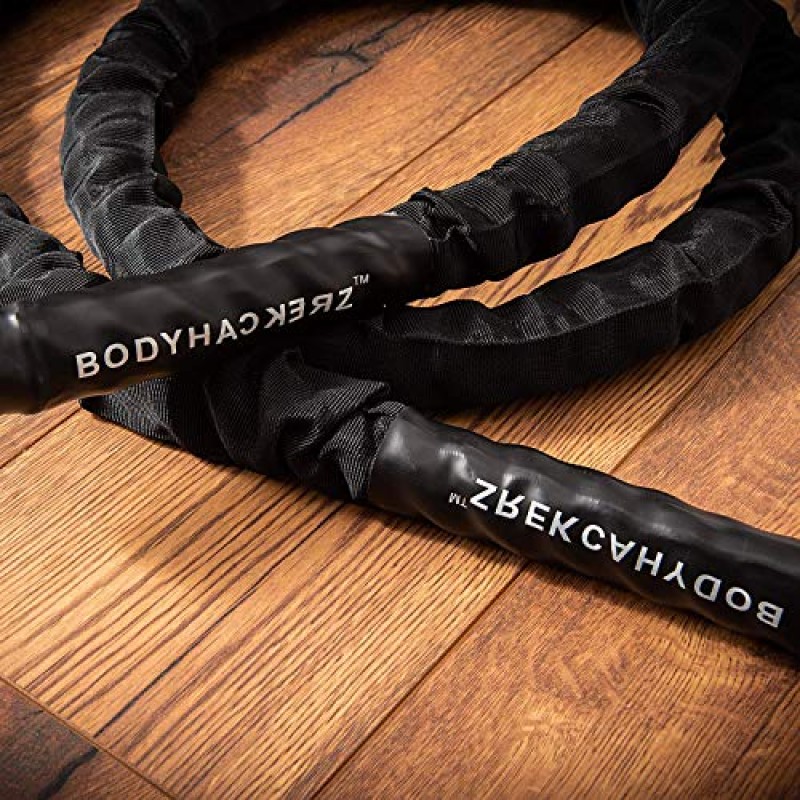 BODYHACKERZ 헤비 배틀 줄넘기 5.5lb | 피트니스 운동을 위한 가중 점프 로프 | 내구성이 뛰어난 보호 풀 슬리브 | 1,5인치 직경 | 길이 9.2피트