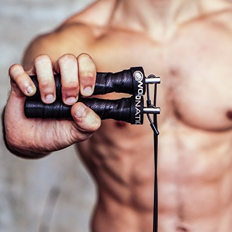 WOD Nation 공격 속도 줄넘기 : 조정 가능한 줄넘기 : 독특한 두 개의 케이블 건너 뛰기 운동 시스템 : 하나는 두껍고 하나는 가벼운 11 피트 케이블 : 더블 언더에 적합 : 남성 및 여성