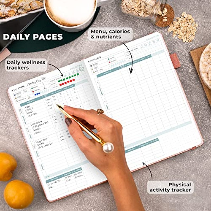 Clever Fox Food Journal 프리미엄 - 칼로리 추적기를 사용한 일일 식사 추적 로그 - 여성 및 남성을 위한 영양, 다이어트 및 체중 감량 일기 - 비만 식사 추적에 적합 - A5 크기(로즈 골드)