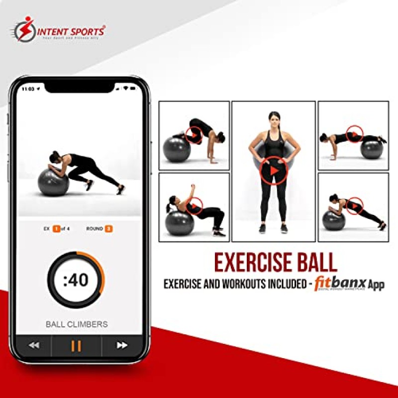 INTENT SPORTS 요가 볼 의자 - 팽창식 안정성 베이스 및 저항 밴드가 있는 안정성 공, 홈 체육관, 사무실용 피트니스 공, 허리 통증, 코어, 자세 및 균형 개선(65cm)(검은색)