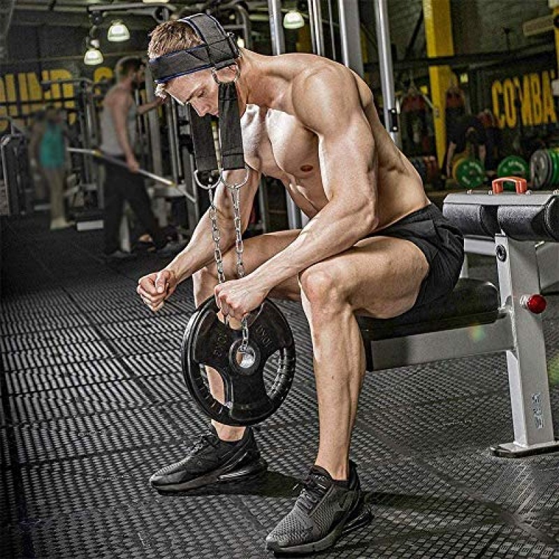 Visaman Fitness Neck Head Harness 목 훈련 조절 가능한 긴 강철 체인과 스트랩이있는 역도 강도 트레이너 근육 강도 목 운동기를 향상시킵니다.