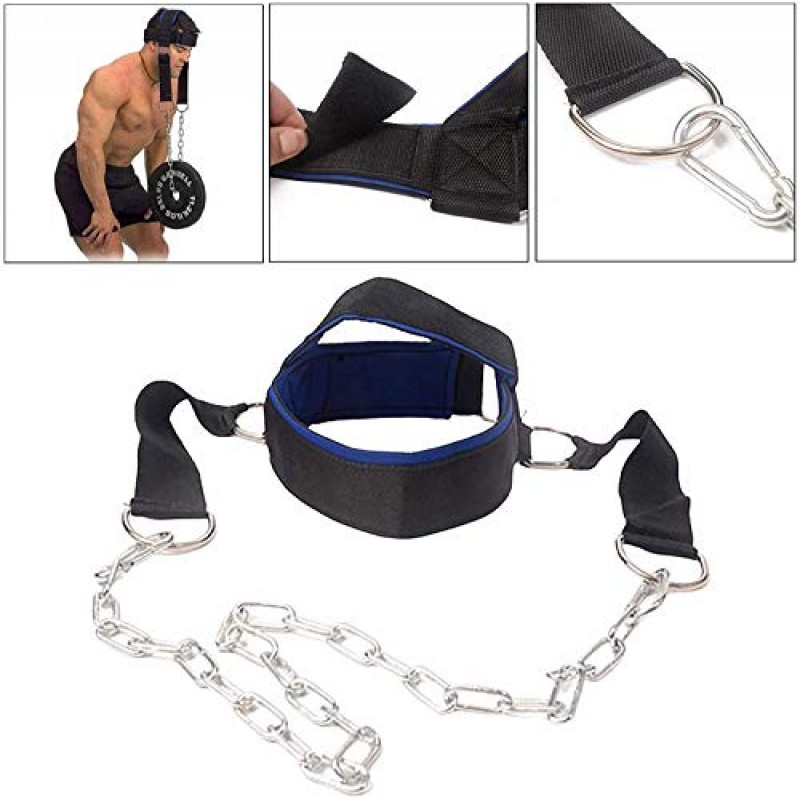Visaman Fitness Neck Head Harness 목 훈련 조절 가능한 긴 강철 체인과 스트랩이있는 역도 강도 트레이너 근육 강도 목 운동기를 향상시킵니다.
