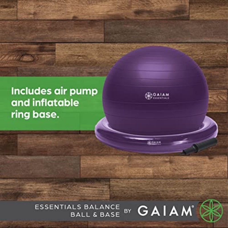 Gaiam Essentials 밸런스 볼 및 베이스 키트, 65cm 요가 볼 의자, 가정 또는 사무실 책상용 팽창식 링 베이스가 있는 운동 공, 공기 펌프 포함