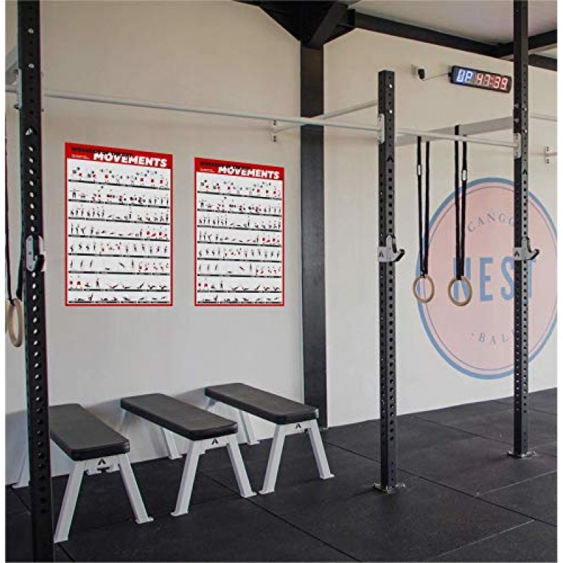 크로스핏 운동 운동 포스터 세트 - 전신 트레이닝을 위한 45가지 주요 WOD 동작 가이드 - 바디웨이트, 바벨, 덤벨, 케틀벨 트레이닝 포스터 - (라미네이트 포스터 2개 24x17인치)