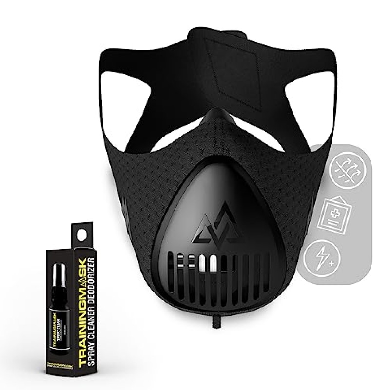 TRAININGMASK 트레이닝 마스크 3.0 운동 트레이닝 마스크 + 달리기, 사이클링, 운동용 스프레이 깨끗하고 통기성이 뛰어난 유산소 트레이닝 마스크, 블랙 마스크