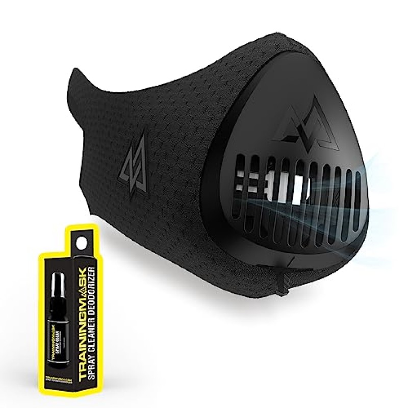 TRAININGMASK 트레이닝 마스크 3.0 운동 트레이닝 마스크 + 달리기, 사이클링, 운동용 스프레이 깨끗하고 통기성이 뛰어난 유산소 트레이닝 마스크, 블랙 마스크