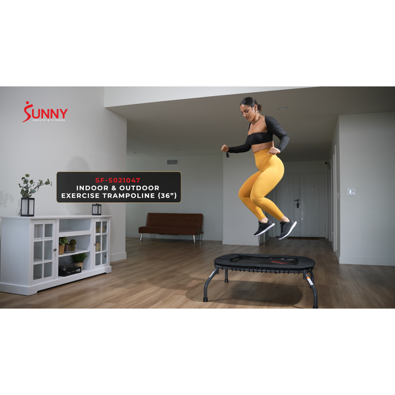 Sunny Health & Fitness 스프링리스 미니 피트니스 트램펄린 – 더 조용하고 안전한 운동을 위한 프리미엄 조절식 번지 스타일 실내/실외 운동 리바운더