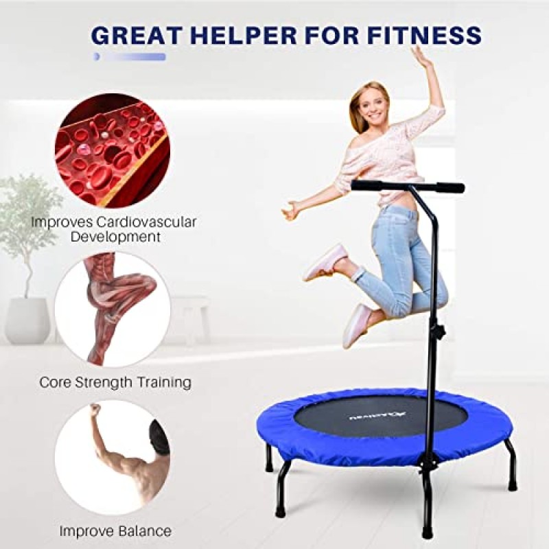 4ActiveU 40인치 접이식 미니 트램펄린(성인용) 어린이용 | 실내 및 실외 피트니스 리바운드 운동 3단계 높이 조절이 가능한 트램펄린 | 심장강화 트레이너 최대 부하 265lbs 업그레이드