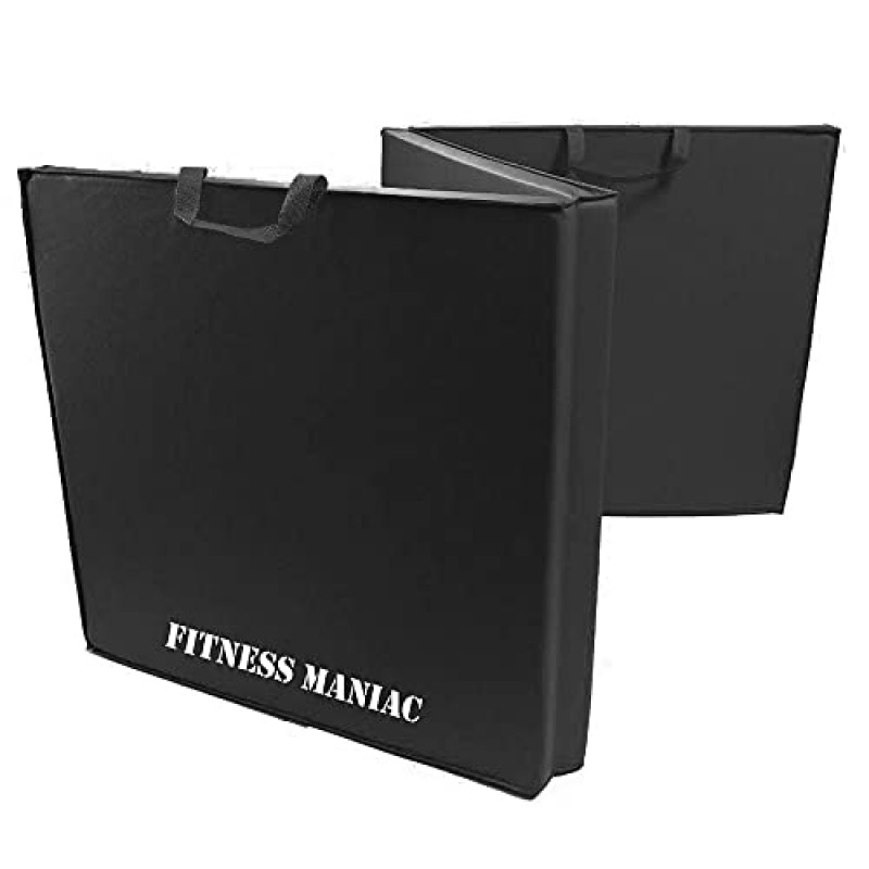 FITNESS MANIAC 삼중 접이식 두꺼운 운동 매트 MMA, 체조, 스트레칭, 코어 운동용 운반 손잡이가 있는 고밀도 회사, 블랙