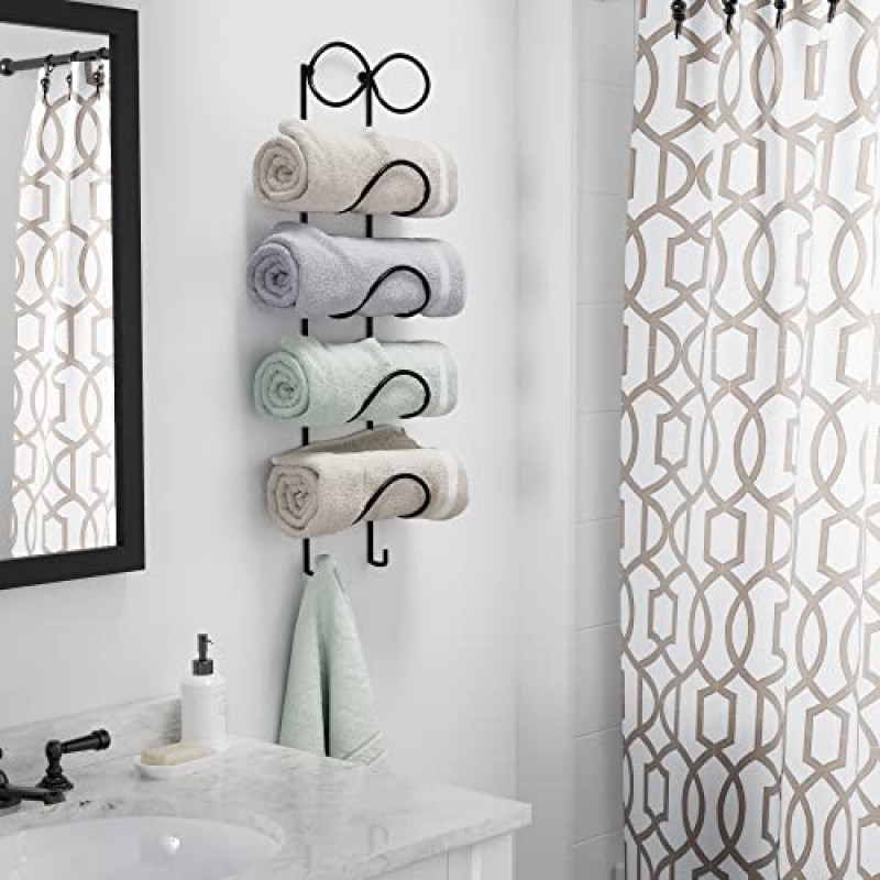 Wallniture Moduwine 요가 매트 보관함, 요가 스트랩 걸이용 후크가 있는 수건걸이, 홈 체육관 및 스튜디오용 저항 밴드, 5단 금속 블랙