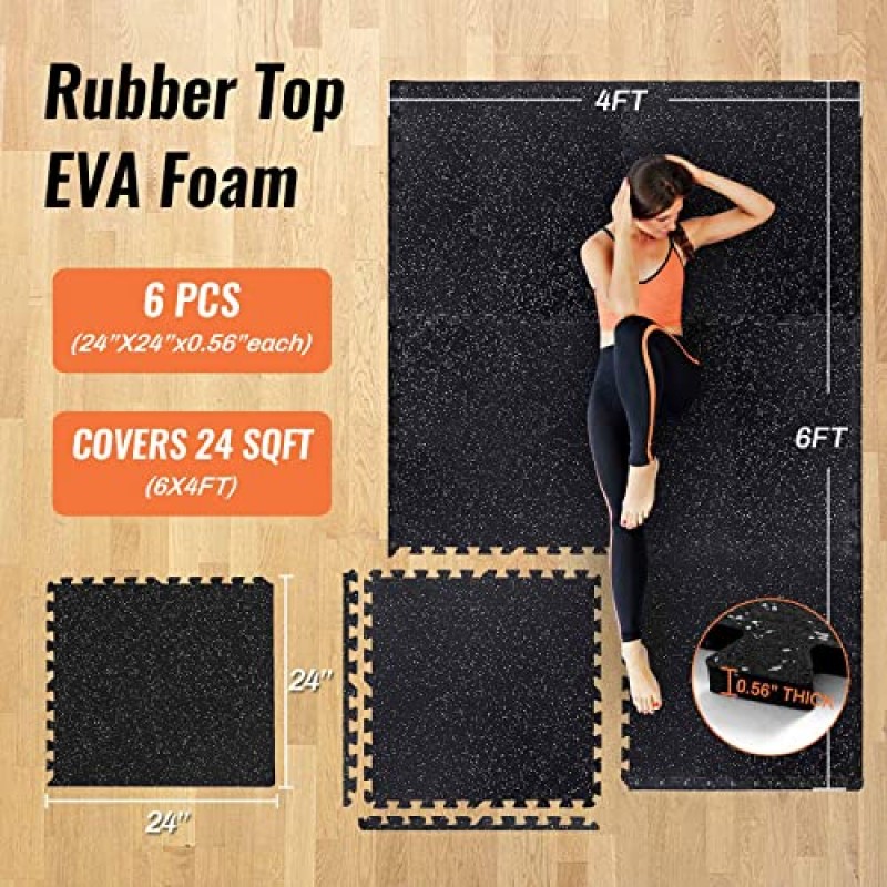 66FIT 0.56인치 가정용 고무 상판 두꺼운 체육관 바닥재 6개, 24 Sq Ft EVA 폼 매트, 상단, 고밀도 보호 운동 매트, 연동 장비 차콜 그레이(BP-LT-6638)