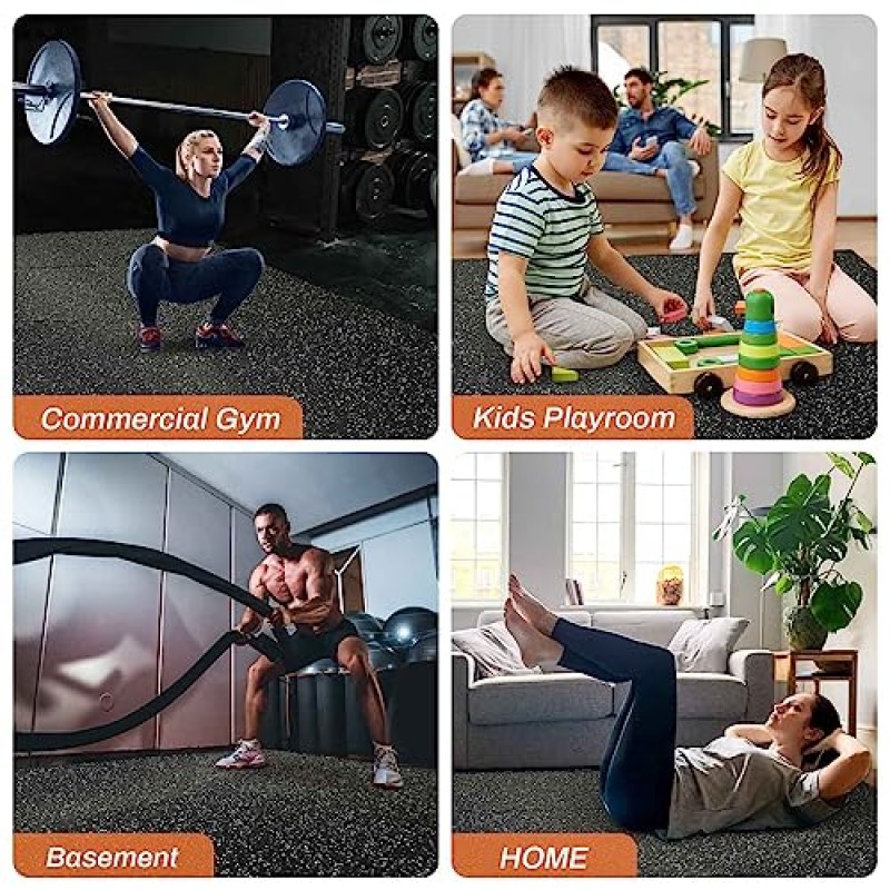 66FIT 0.56인치 가정용 고무 상판 두꺼운 체육관 바닥재 6개, 24 Sq Ft EVA 폼 매트, 상단, 고밀도 보호 운동 매트, 연동 장비 차콜 그레이(BP-LT-6638)