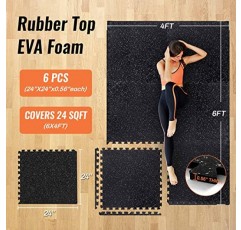 66FIT 0.56인치 가정용 고무 상판 두꺼운 체육관 바닥재 6개, 24 Sq Ft EVA 폼 매트, 상단, 고밀도 보호 운동 매트, 연동 장비 차콜 그레이(BP-LT-6638)