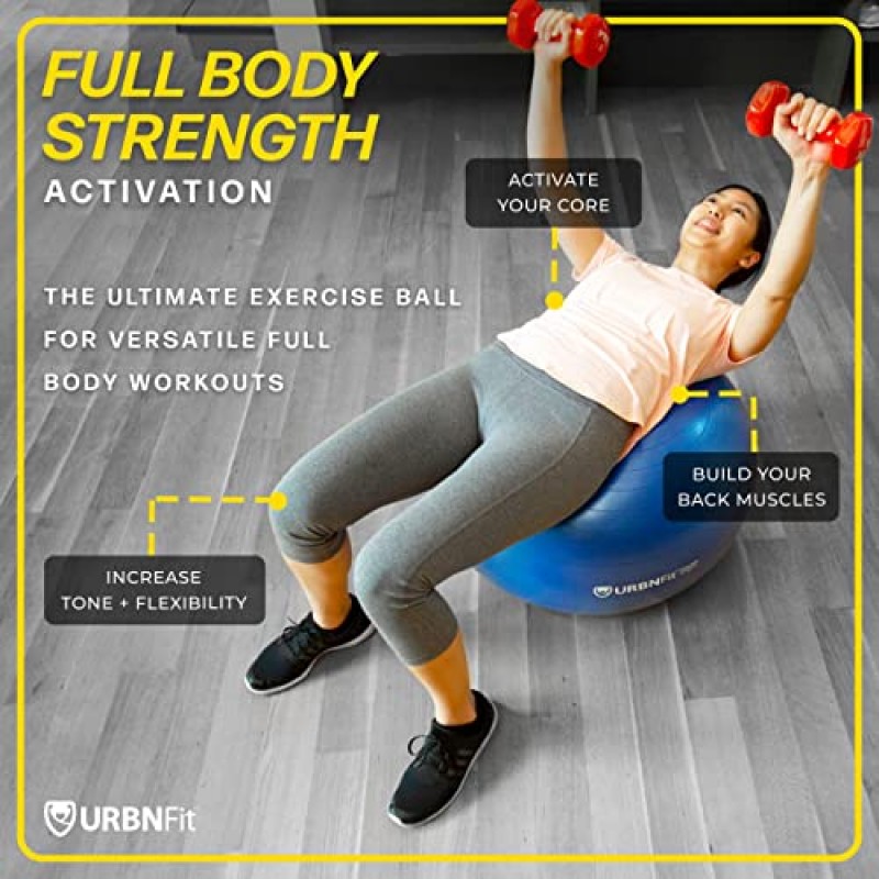 URBNFit 운동 공 + 진동 폼 롤러 번들 - 운동 임신 안정성을 위한 요가 공 - 펌프가 있는 안티버스트 스위스 밸런스 공 - 사무실, 홈 체육관용 피트니스 볼 의자