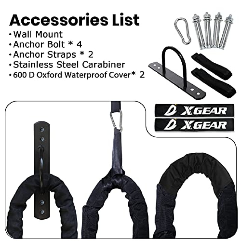 XGEAR 헤비 배틀 로프, 업그레이드된 폴리에스테르 커버가 있는 운동 로프, 앵커 스트랩, 벽걸이 키트, 홈 체육관 야외 근력 운동용 기복 로프, 심장 강화 운동