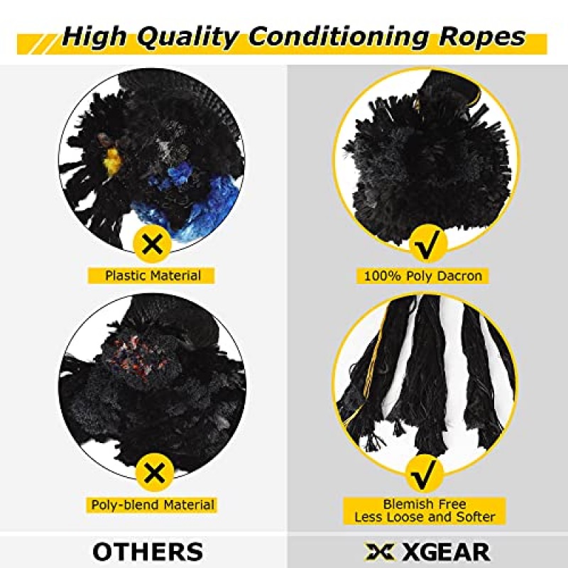 XGEAR 헤비 배틀 로프, 업그레이드된 폴리에스테르 커버가 있는 운동 로프, 앵커 스트랩, 벽걸이 키트, 홈 체육관 야외 근력 운동용 기복 로프, 심장 강화 운동