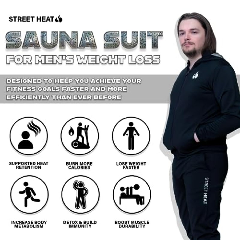 남성 체중 감량을 위한 STREET HEAT 사우나 슈트 | 체중 감량을 위한 바디 스웨트 슈트 | 스웨트 자켓 팬츠, 체육관 운동 스웨트 슈트