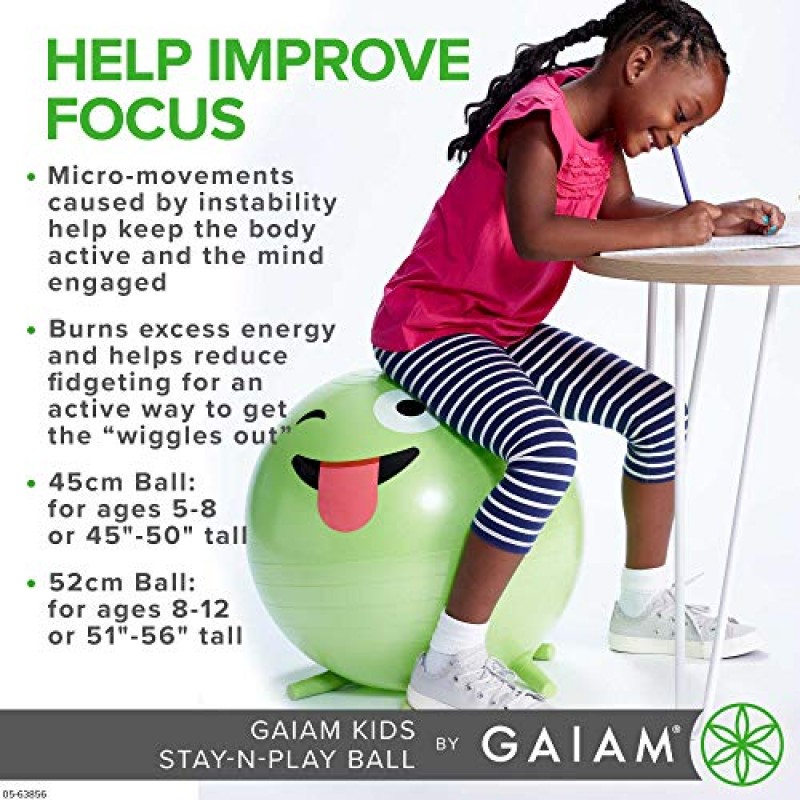Gaiam Kids Stay-N-Play 어린이용 밸런스 볼 - 유연한 학교 의자 활동적인 교실 책상 대체 좌석, 블루, 오렌지 주니어, 라임 주니어 및 그레이, 52cm