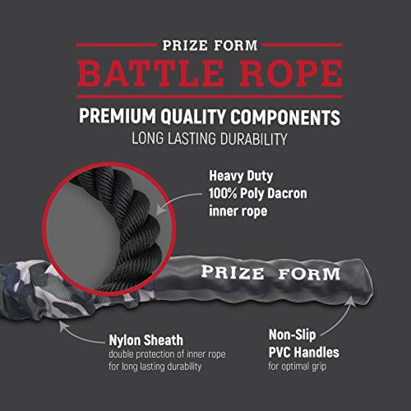 PRIZE FORM 배틀 로프 및 앵커 스트랩 키트 - 길이 30피트 x 1.5인치, 홈 체육관 근력 훈련 및 유산소 운동, 실내 실외용