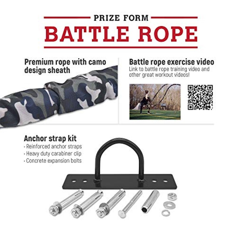 PRIZE FORM 배틀 로프 및 앵커 스트랩 키트 - 길이 30피트 x 1.5인치, 홈 체육관 근력 훈련 및 유산소 운동, 실내 실외용