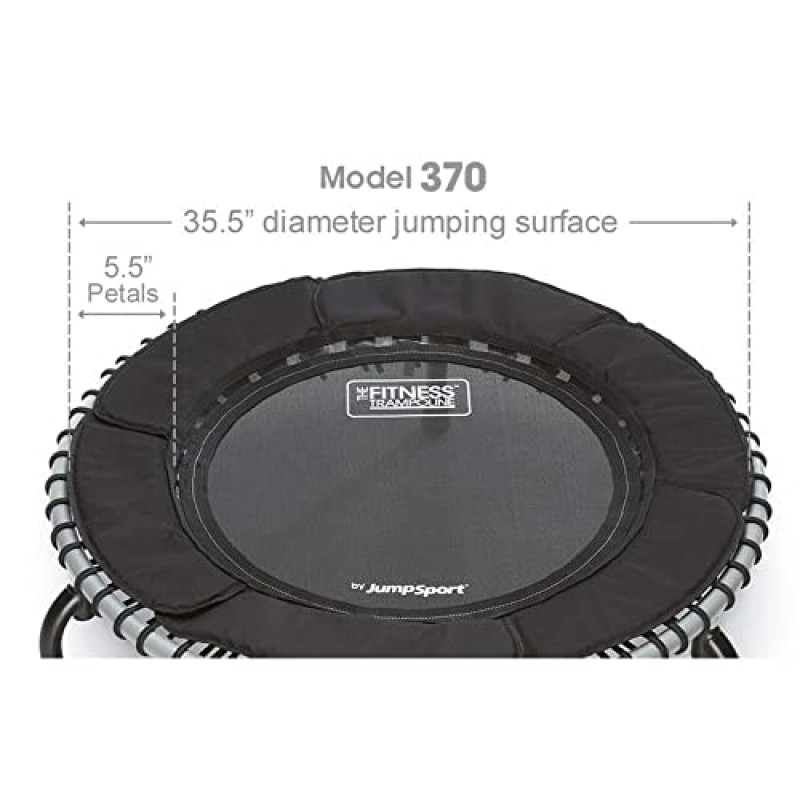 JumpSport 350/350f/370 실내 피트니스 트램펄린, 39인치 | 맞춤형 바운스를 위한 30개의 조정 가능한 번지 | 안전하고 안정적인 팁 없는 아치형 다리 | 60일 평가판 스트리밍 비디오 및 DVD 포함