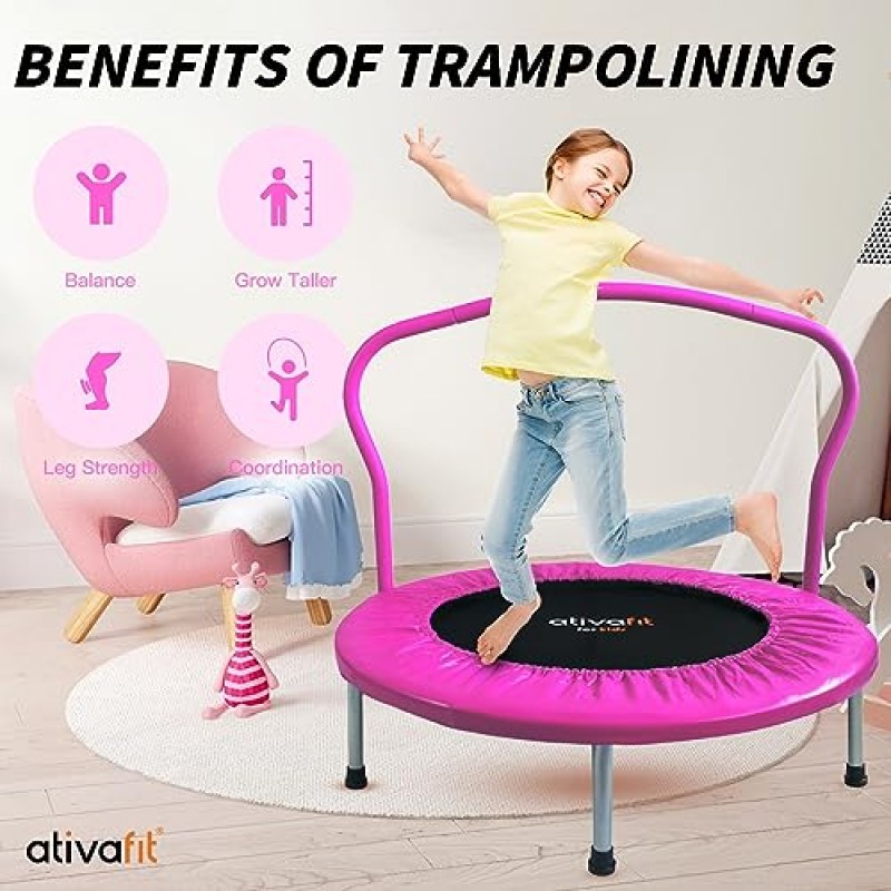 어린이를위한 Ativafit 피트니스 트램펄린 조절 가능한 폼 핸들이있는 접이식 미니 트램펄린 운동 실내 실외 가정용