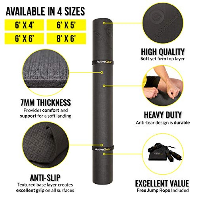 ActiveGear 대형 운동 매트 8 x 6피트 7mm 두께 홈 체육관 바닥재용 프리미엄 울트라 내구성 미끄럼 방지 고무 운동 매트 | 유산소 운동, 피트니스, Plyo에 적합 | 보너스 줄넘기 및 보관 가방 포함