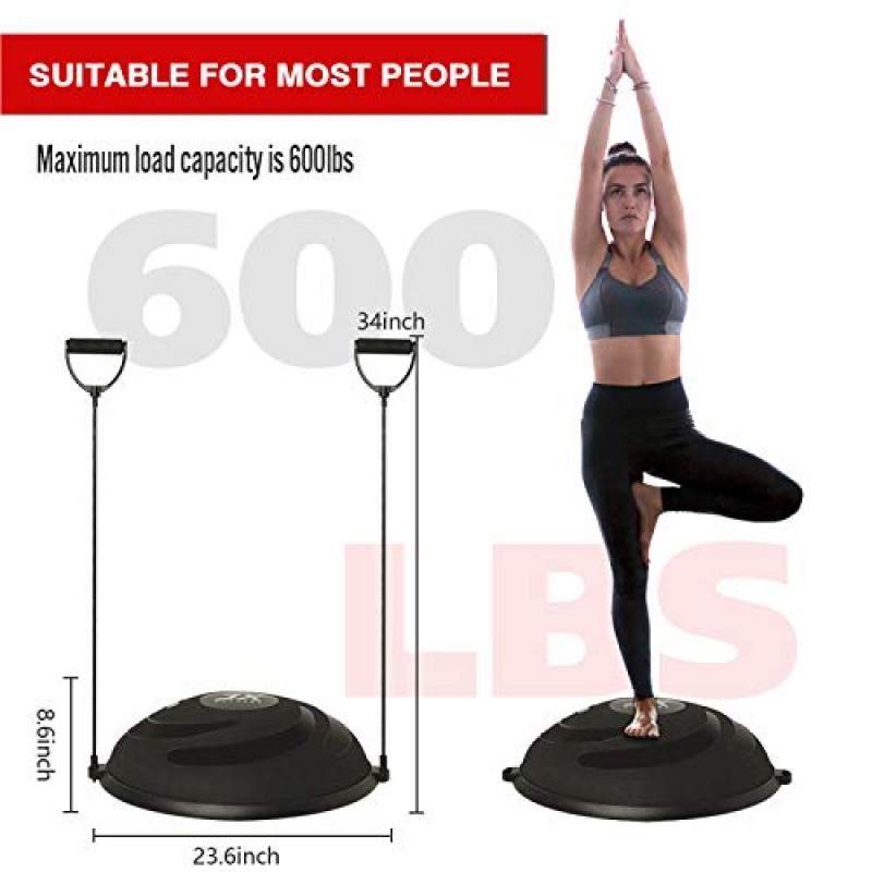 JX FITNESS 58cm 밸런스 하프 볼 트레이너, 저항 밴드 및 펌프가 포함된 안정성 운동 요가 하프 볼 - 전신 홈 체육관 운동 또는 피트니스 훈련으로 코어 및 복근 근력 향상