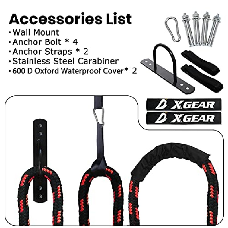 XGEAR 헤비 배틀 로프, 앵커 스트랩이 있는 운동 훈련 로프, 벽 걸이 키트 - 전신 근력 훈련용 100% 폴리 데이크론 운동 로프/기복 로프 - 1.5