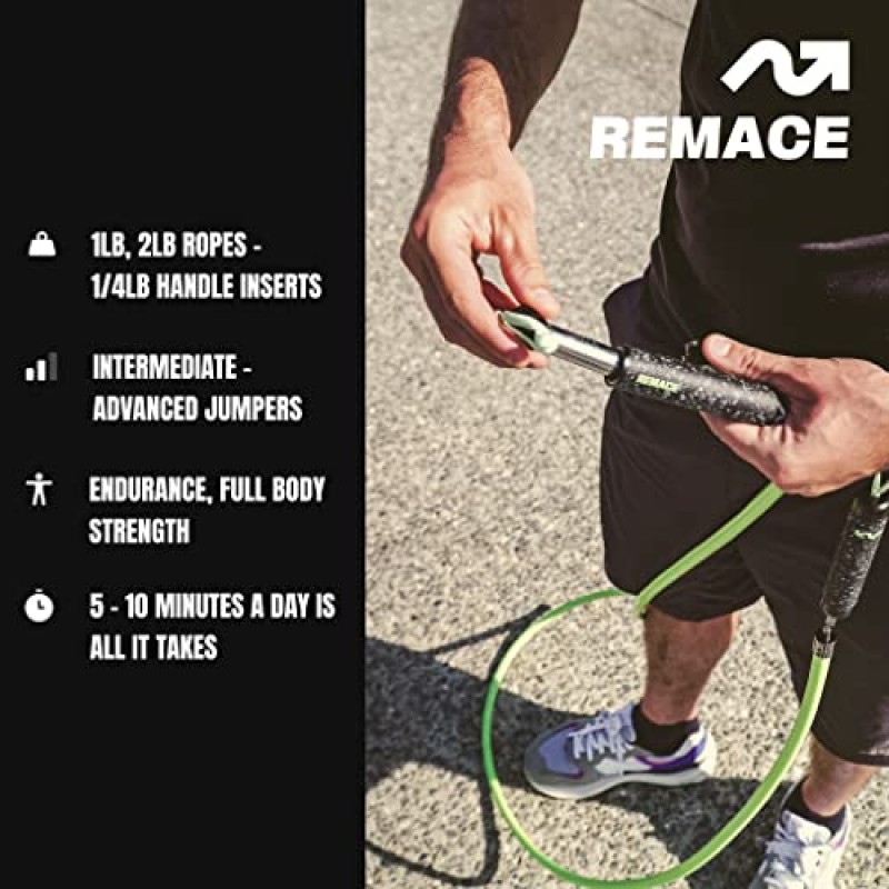 Remace 레벨 2 가중 점프 로프 세트 ​​- (1LB, 2LB) 운동 로프 - 피트니스, 복싱 및 근력 훈련용 - 중급 및 전문가 점퍼용 헤비 로프 - 로프 2개 포함