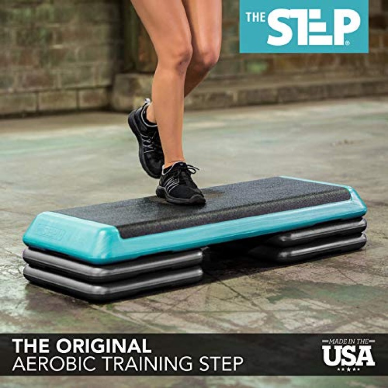 The Step(Made in USA) 오리지널 에어로빅 플랫폼 – 헬스 클럽 크기 – 오리지널 라이저 4개 포함(검은색 라이저가 있는 청록 플랫폼), 단일 사이즈