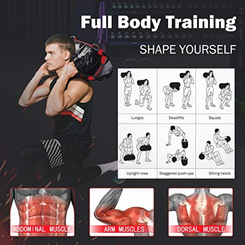 SV SCOOL VALUE 샌드백 운동 가방, 피트니스용 샌드백, 핸들 6개 및 10-60 Lbs 조정 가능한 필러 백이 있는 헤비 듀티 운동, 홈 체육관용 전신 샌드백 훈련