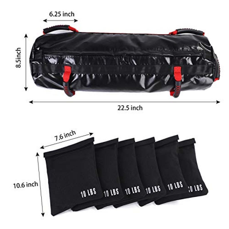 SV SCOOL VALUE 샌드백 운동 가방, 피트니스용 샌드백, 핸들 6개 및 10-60 Lbs 조정 가능한 필러 백이 있는 헤비 듀티 운동, 홈 체육관용 전신 샌드백 훈련