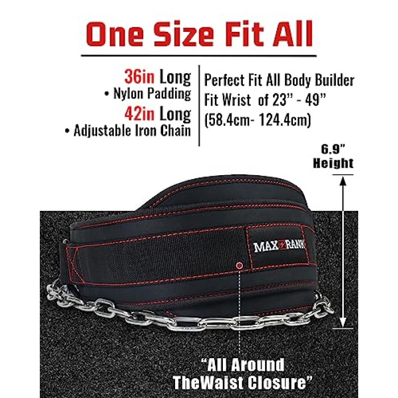 역도용 MAXRANK 딥 벨트 - 550Lbs 중량 용량 풀업 벨트, 40'체인, 역도, 체육관, 스쿼트, 운동, 피트니스, 크로스핏, 남성 및 여성을 위한 네오프렌 허리 딥 벨트
