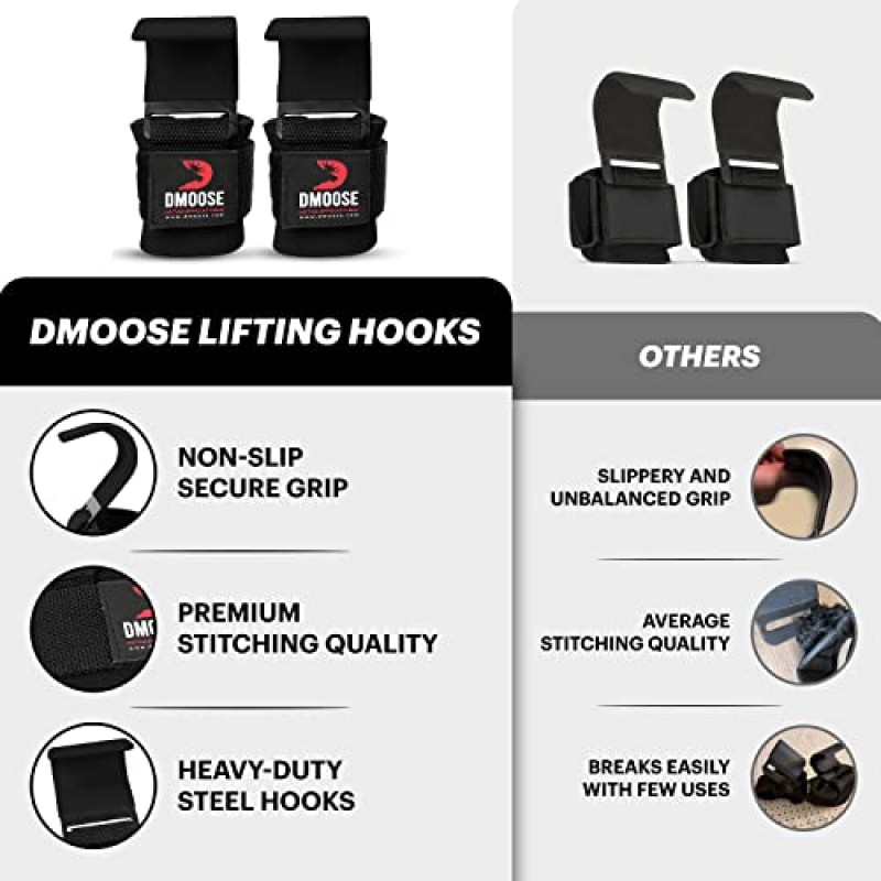 DMoose 역도 후크(쌍), 남성용 및 여성용 핸드 그립 지원 손목 스트랩, 8mm 두꺼운 패딩 네오프렌, 데드리프트, 파워리프팅, 풀업 바, 리프트업, 어깨 으쓱