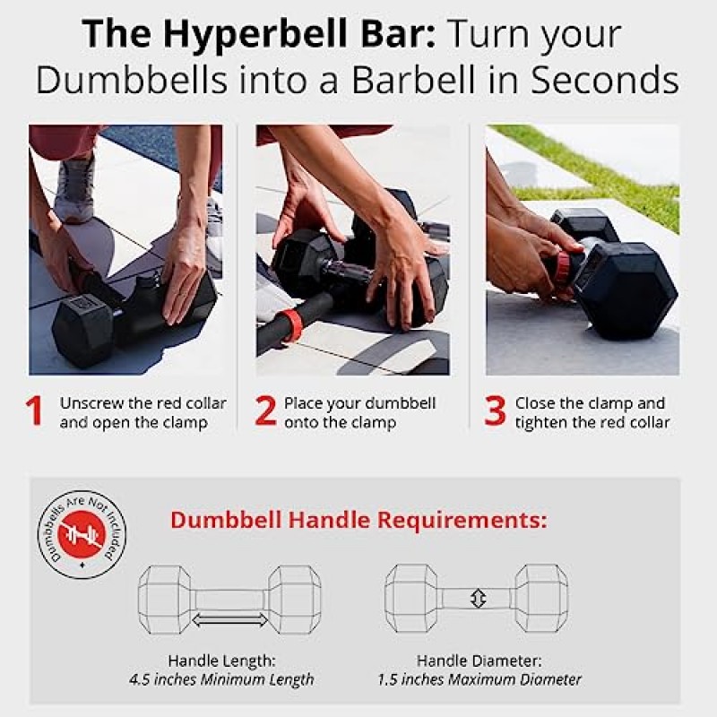 Jayflex Hyperbell 덤벨 변환기 - 덤벨을 홈 피트니스용 바벨 세트 및 케틀벨로 변환 - 역도용 조절 가능 및 최대 200lb 용량 웨이트 바벨