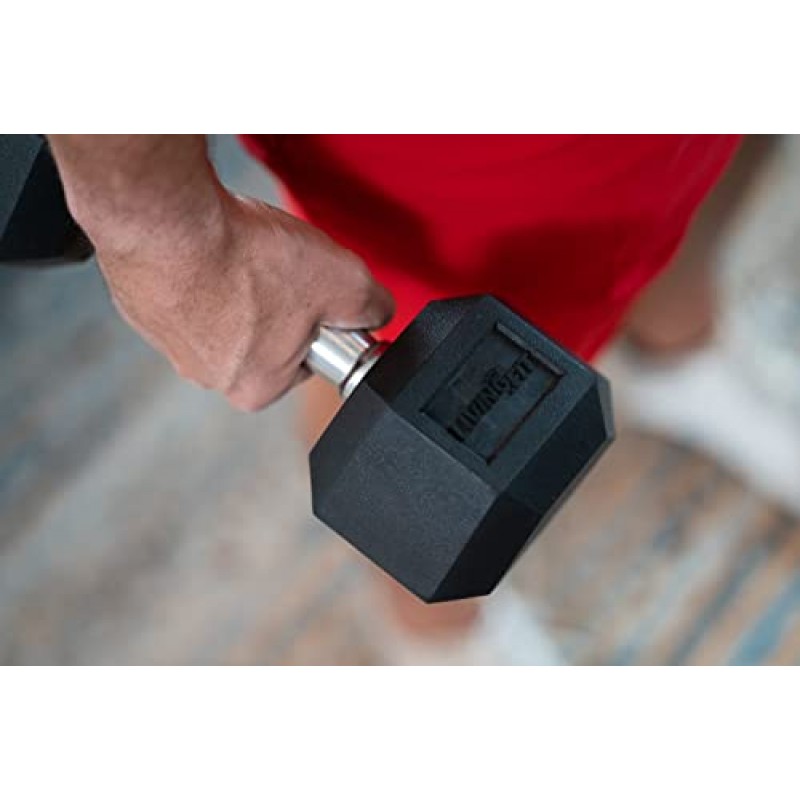 Living.Fit 고무로 싸인 육각 덤벨 핸드 웨이트. 싱글 덤벨 또는 덤벨 페어. 근력 운동을 위한 5LB~100LB 덤벨 세트