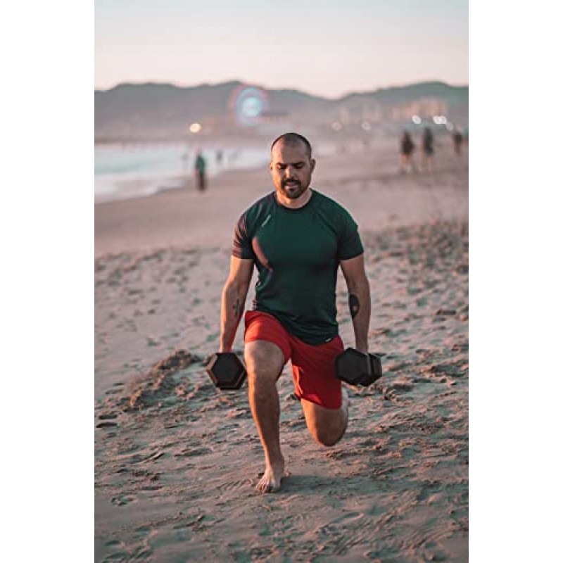 Living.Fit 고무로 싸인 육각 덤벨 핸드 웨이트. 싱글 덤벨 또는 덤벨 페어. 근력 운동을 위한 5LB~100LB 덤벨 세트