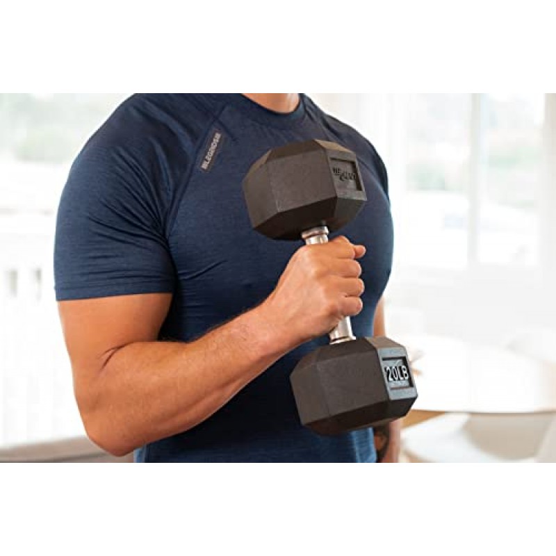 Living.Fit 고무로 싸인 육각 덤벨 핸드 웨이트. 싱글 덤벨 또는 덤벨 페어. 근력 운동을 위한 5LB~100LB 덤벨 세트