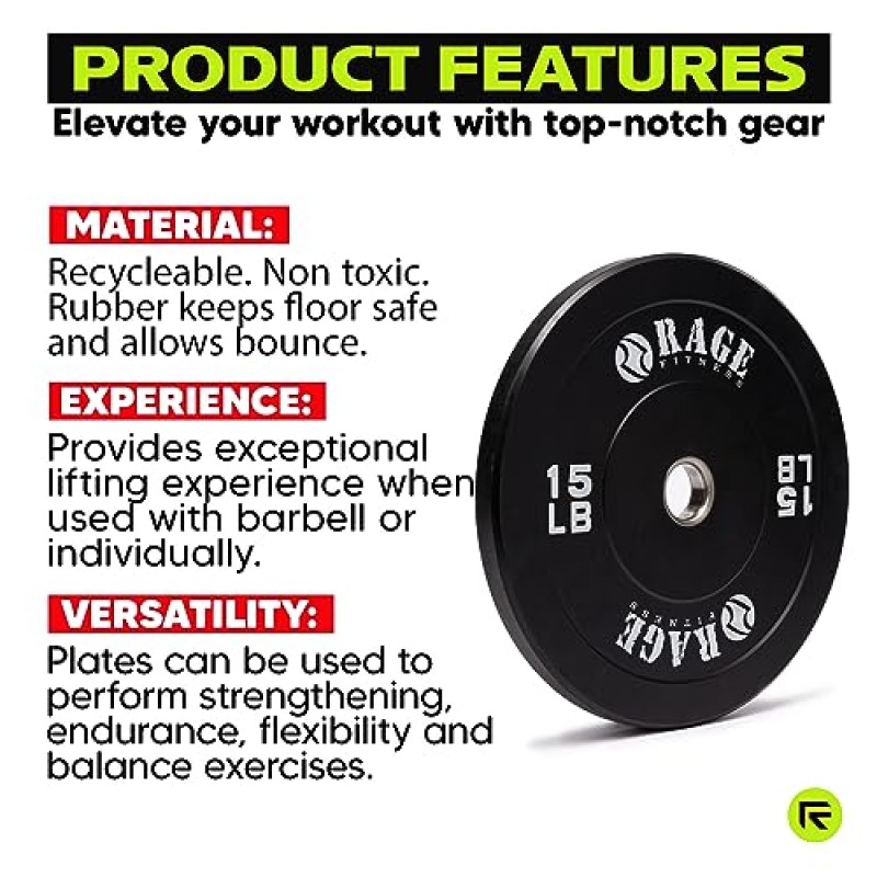 RAGE Fitness 올림픽 범퍼 플레이트(10lb, 15lb, 25lb, 35lb, 45lb - 개별 판매), 강철 인서트가 포함된 고무 포뮬러, 근력 운동, 벤치 프레스, 스쿼트, 파워리프팅, 웨이트 트레이닝, 홈 체육관