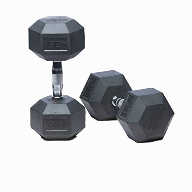RAGE Fitness Hex Dumbbell 프리미엄 고무 케이스, 핸드 웨이트(10lb, 20lb, 25lb, 35lb, 40lb, 45lb, 50lb - 개별 판매), 2개 세트, 강철 크롬이 있는 검정색, 역도, 육각형 덤벨