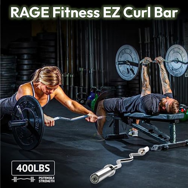 RAGE Fitness EZ 컬 바 – 47인치, 17파운드 합금강, 크롬 마감 및 나일론 부싱 최대 용량 400파운드의 EZ 바 – 역도 및 기타 상체 및 하체 운동을 위한 홈 체육관 컬링 바