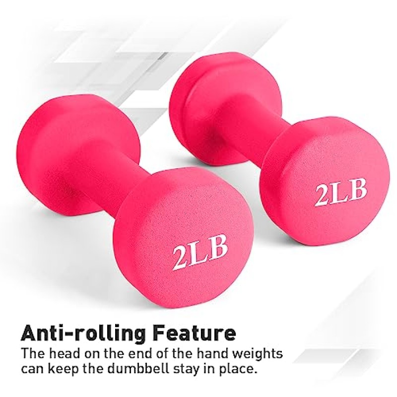 JBM 네오프렌 덤벨 쌍, 2-8lbs 핸드 웨이트 2개 세트 읽기 쉬운 숫자가 있는 미끄럼 방지 육각 모양 덤벨, 피트니스 덤벨 세트