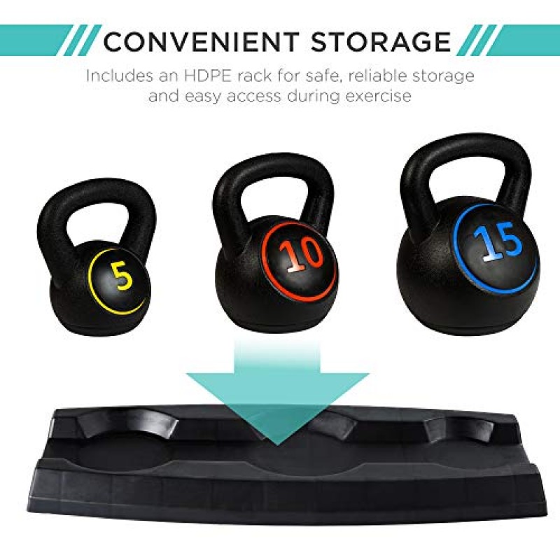 최고의 선택 제품 보관 랙이 포함된 3피스 케틀벨 세트, HDPE 코팅 운동 피트니스 홈 체육관용 콘크리트 무게, 근력 운동, HIIT 운동 5lb, 10lb, 15lb