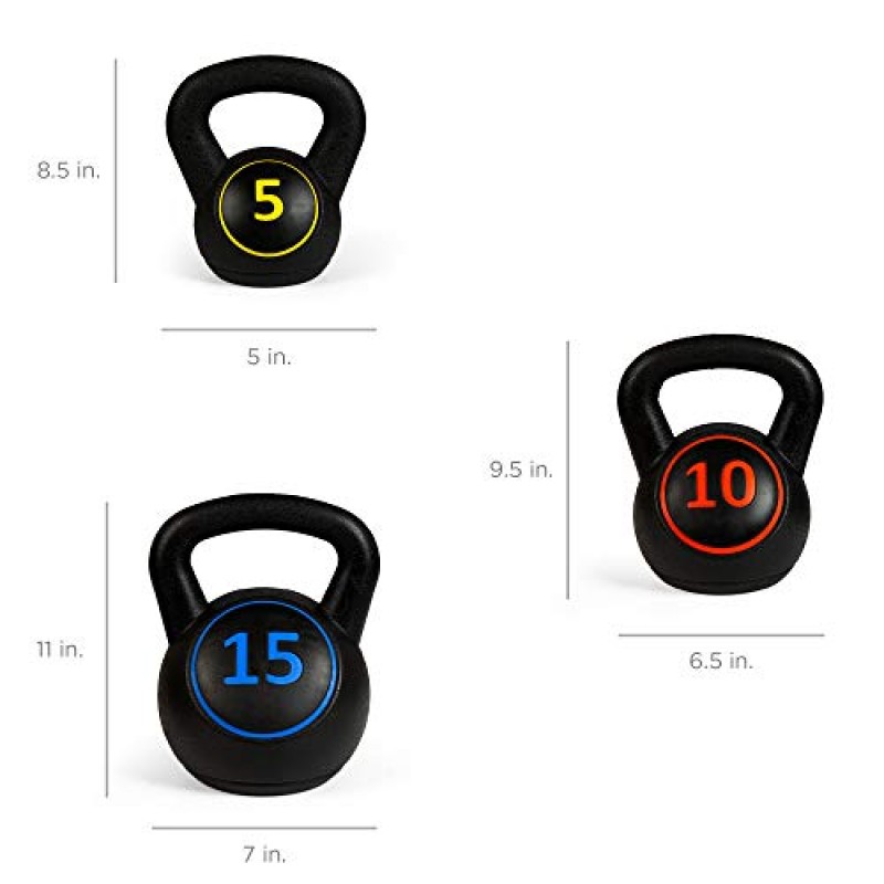 최고의 선택 제품 보관 랙이 포함된 3피스 케틀벨 세트, HDPE 코팅 운동 피트니스 홈 체육관용 콘크리트 무게, 근력 운동, HIIT 운동 5lb, 10lb, 15lb