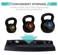 최고의 선택 제품 보관 랙이 포함된 3피스 케틀벨 세트, HDPE 코팅 운동 피트니스 홈 체육관용 콘크리트 무게, 근력 운동, HIIT 운동 5lb, 10lb, 15lb
