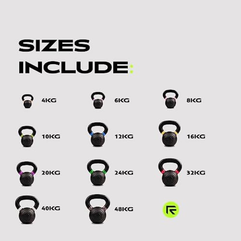 근력 운동용 RAGE 피트니스 파우더 코팅 케틀벨, (4kg, 6kg, 8kg, 10kg, 12kg, 16kg, 20kg - 개별 판매), 컨디셔닝 및 크로스핏 훈련, 파운드 및 킬로그램 표시, 색상 구분