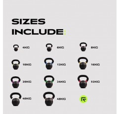 근력 운동용 RAGE 피트니스 파우더 코팅 케틀벨, (4kg, 6kg, 8kg, 10kg, 12kg, 16kg, 20kg - 개별 판매), 컨디셔닝 및 크로스핏 훈련, 파운드 및 킬로그램 표시, 색상 구분
