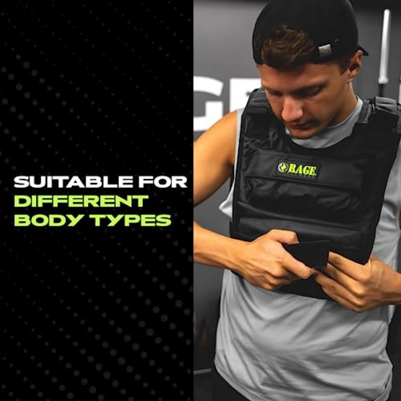 Rage Fitness 조정 가능한 남녀공용 가중 조끼, 검정색, (36 lbs) 무게 용량, (12 x 3 lbs) 탈착식 철제 무게, 체중 훈련, 심장 강화 운동, 근력 운동을 위한 트레이닝 피트니스 가중 재킷