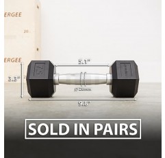 Synergee 고무로 감싼 크롬 손잡이가 있는 육각형 덤벨. 근력 및 컨디셔닝 훈련을 위한 다용도 웨이트를 개별적으로 판매합니다. 사용 가능한 크기는 2.5lbs에서 50lbs입니다.